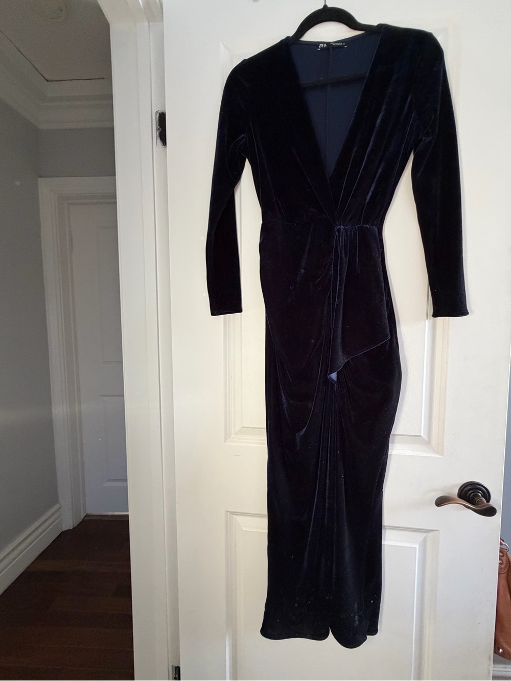 Zara Blue Velvet Long-Sleeve Deep V Dress